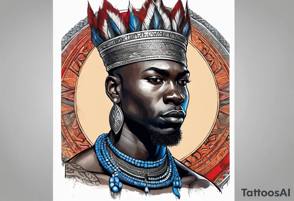 Black-skinned bald african warrior. He wears a simple and small silver crown. He uses blue and red necklaces tattoo idea