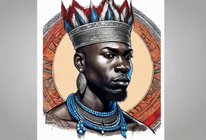 Black-skinned bald african warrior. He wears a simple and small silver crown. He uses blue and red necklaces tattoo idea