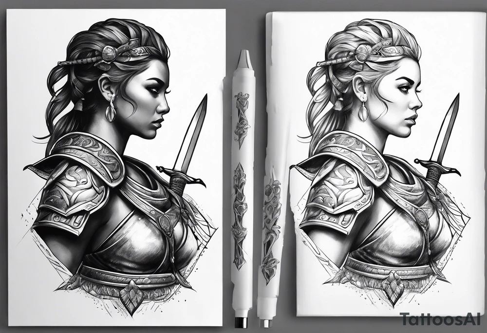 Female gladiator full body sword tattoo idea