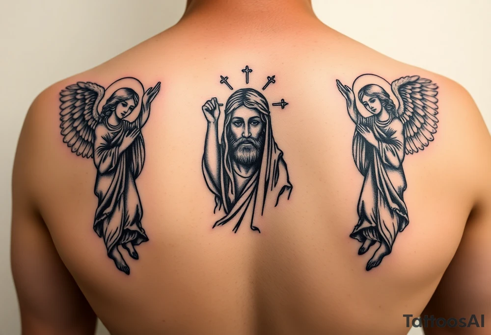 russian orthodox symmetrical guardian angel icon on left and right side of back with both angels holding up a jesus potrait tattoo idea