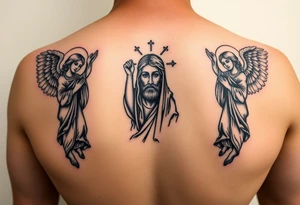 russian orthodox symmetrical guardian angel icon on left and right side of back with both angels holding up a jesus potrait tattoo idea