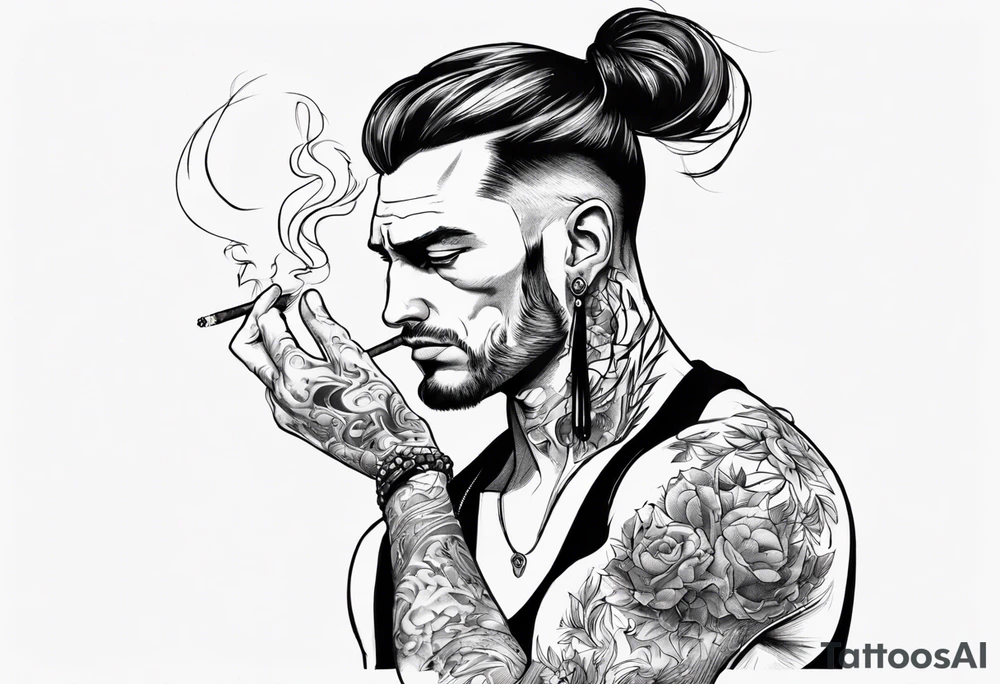 Man standing full-length, with long hair in a ponytail, smoking, earrings in ears, no headgear tattoo idea