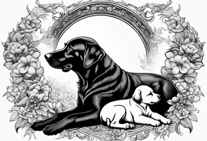 Black dog guarding human infants (the infants are angels) tattoo idea