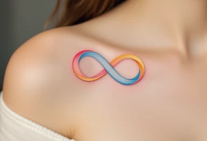 A trio of intertwined ribbons in pastel pink, blue, and golden yellow, forming an infinity loop of love. tattoo idea