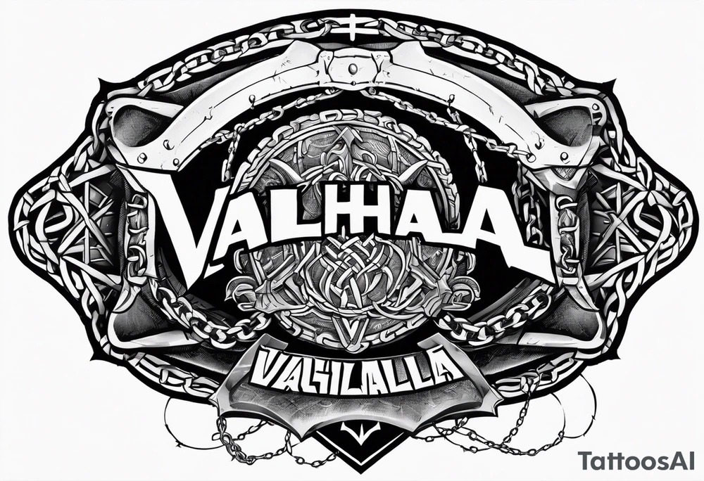 Valhalla round shield axe barbed wire chains tattoo idea