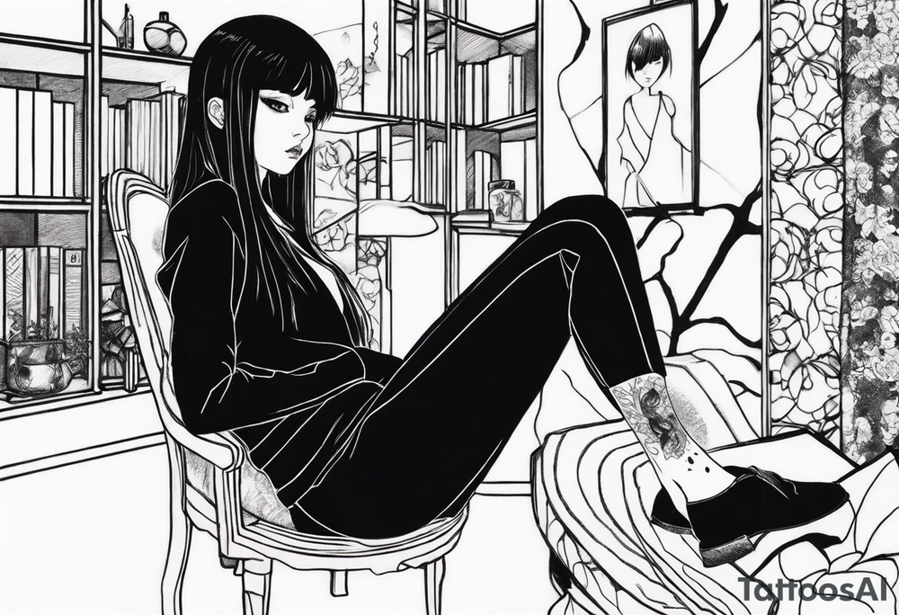 Portrait of tomie sitting on a chair. Tomie is a character of the autor junji ito
Add some blood marks around tattoo idea