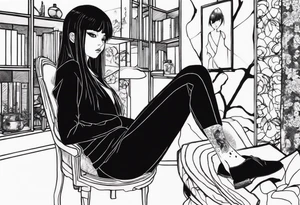 Portrait of tomie sitting on a chair. Tomie is a character of the autor junji ito
 Add some blood marks around tattoo idea