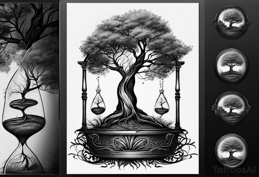 tree with the roots of the tree wrapped around the a hour glass
the hour glass is below the tree tattoo idea