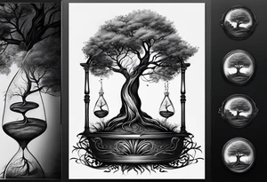 tree with the roots of the tree wrapped around the a hour glass
the hour glass is below the tree tattoo idea