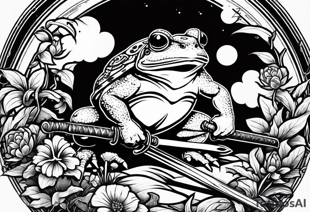 toad with sword; samurai sword Is pointing down(sword stuck in the ground) as if the toad was standing; no clothes tattoo idea