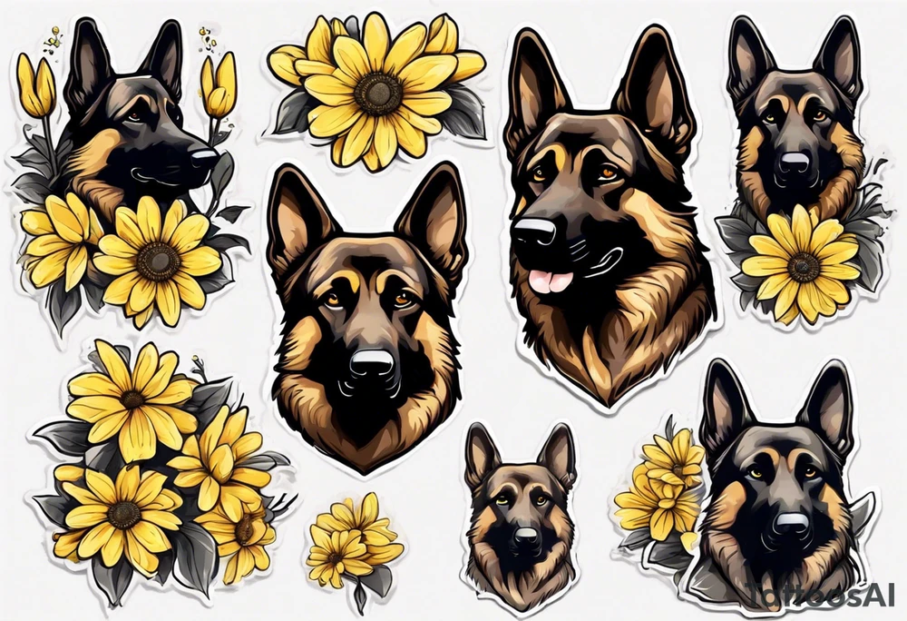 Dark Brown German shepherd portrait surrounded by yellow daisies tattoo idea