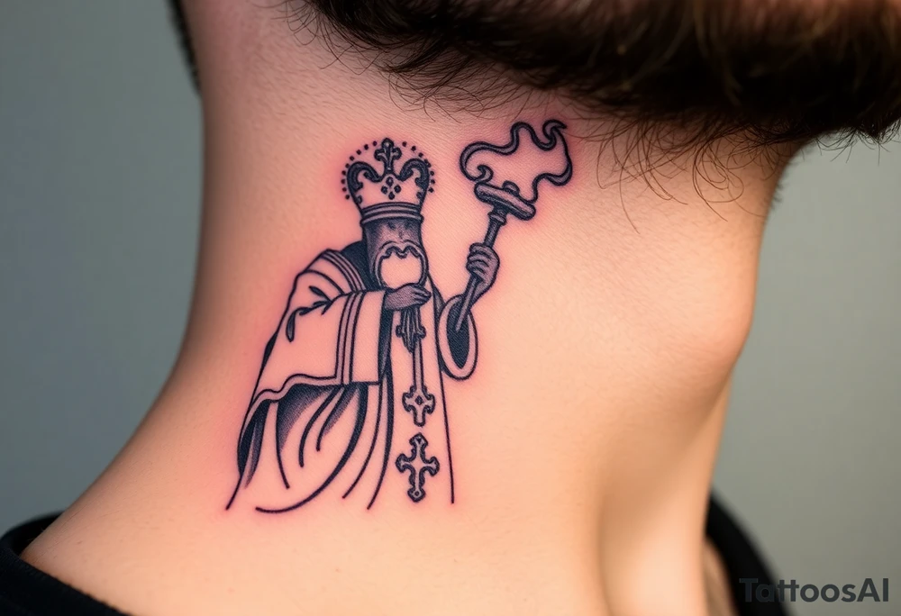 Russian Orthodox Priest in a fully detailed gold vestment swinging a censer with smoke curling upward tattoo idea