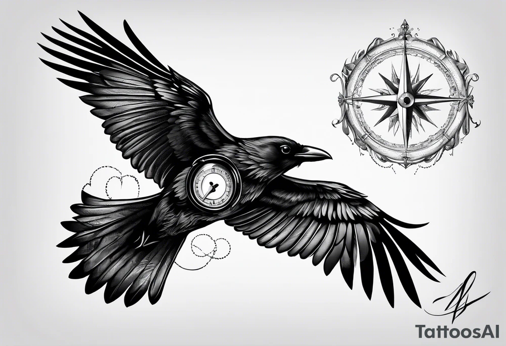 flying crow with compass and two wings tattoo idea