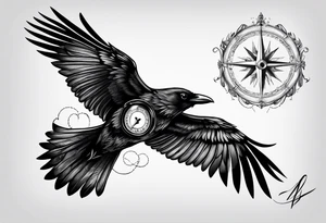 flying crow with compass and two wings tattoo idea