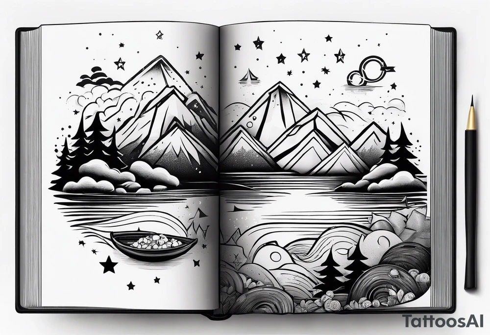 Open book with stars and mountains in a cartoon minimalistic design. Incorporate sushi rolls subtly tattoo idea