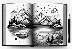 Open book with stars and mountains in a cartoon minimalistic design. Incorporate sushi rolls subtly tattoo idea