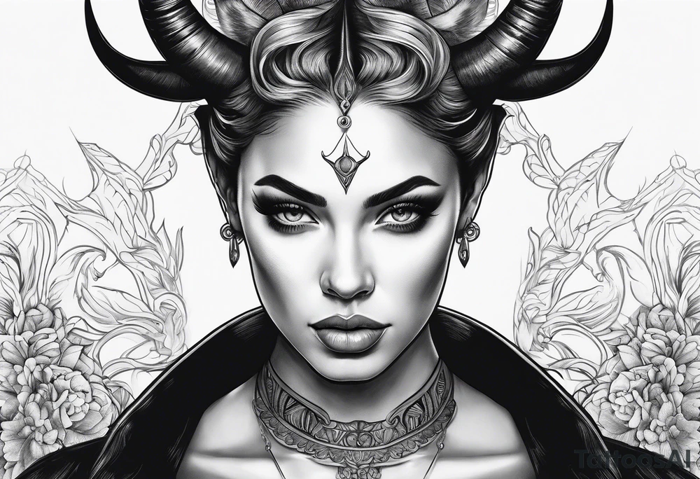 Horned dark realism beautiful woman looking 
face forward tattoo idea