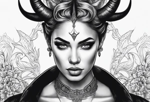 Horned dark realism beautiful woman looking 
face forward tattoo idea