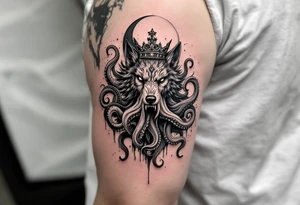 powerful majestic wolf octopus with a crown, howling to the moon tattoo idea