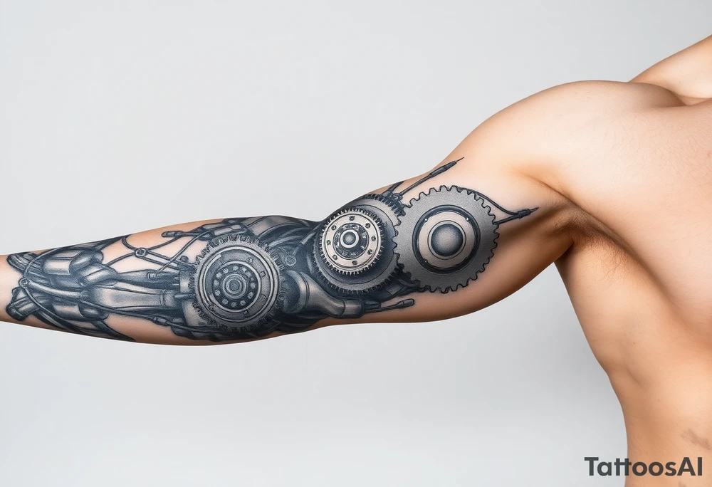 This biomechanical tattoo design creates the illusion of mechanical parts under the skin. It features gears, pistons, and wires, giving the arm a cybernetic look. Realistic shading enhances the fusion of flesh and machine tattoo idea