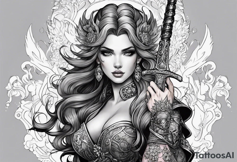 A feminine mythical creature holding a weapon tattoo idea