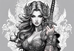 A feminine mythical creature holding a weapon tattoo idea