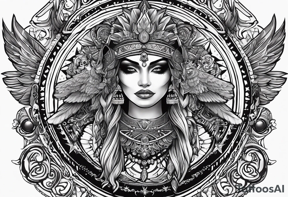 black kali, goddess pirate, alien, pachamama, valkrye, warrior, skull, lotus azul, wing, eagle, zenza resonance, stars, 5D tattoo idea