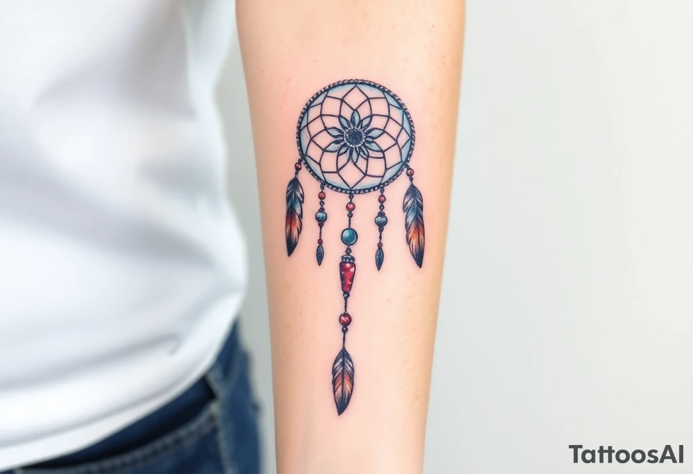 native dreamcatcher with flowing feathers and sacred beads tattoo idea