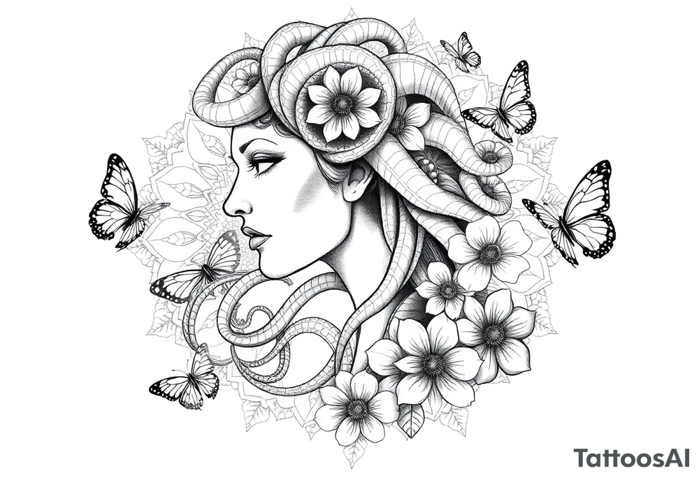 Side portrait of Medusa with flowers, butterflies 
and mandala background tattoo idea