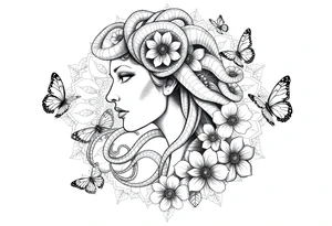 Side portrait of Medusa with flowers, butterflies 
and mandala background tattoo idea