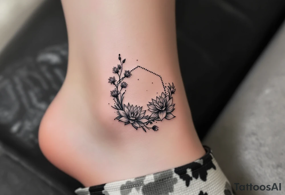 hexagon with Leo astrological symbol surrounded by larkspurs and water lilies tattoo idea