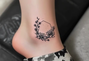 hexagon with Leo astrological symbol surrounded by larkspurs and water lilies tattoo idea