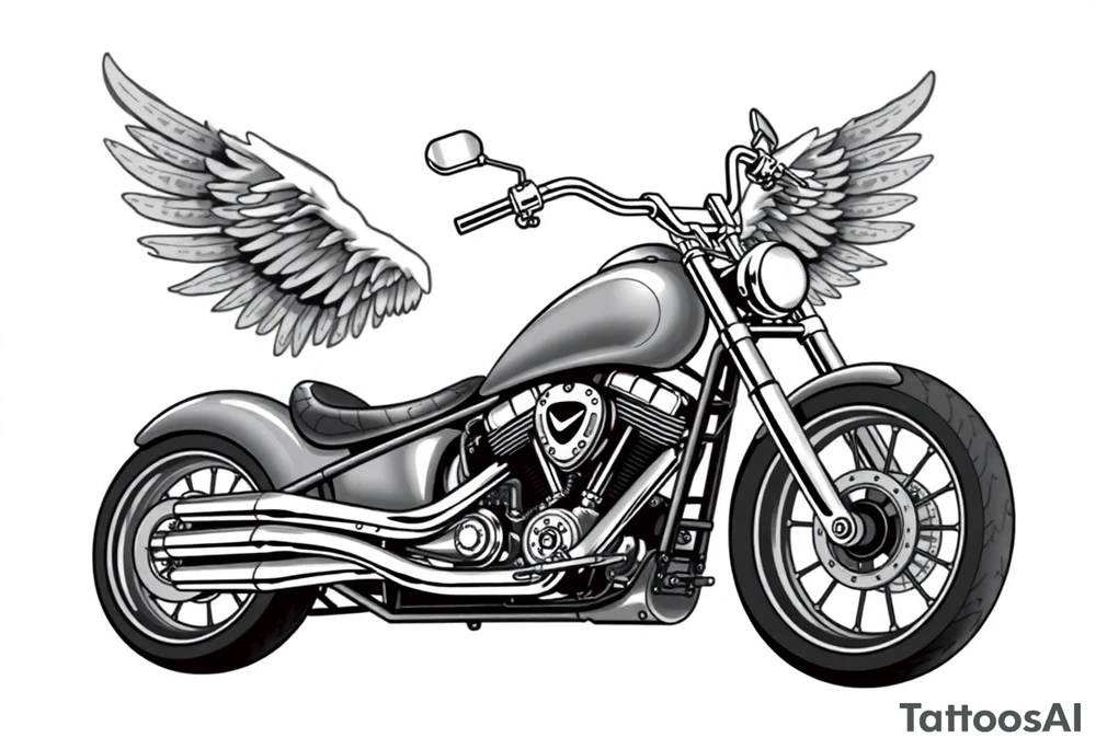 Low rider grey motorcycle, big muffler pipes with flames, angel wings, driving away, no person tattoo idea