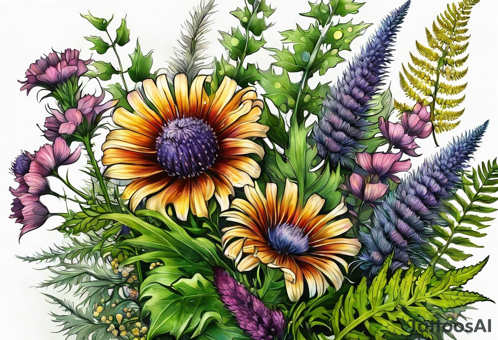 spread out mixed wildflower bouquet with ferns, thistle and with color and show the design on a leg tattoo idea