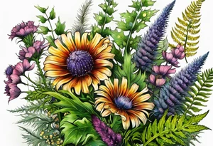 spread out mixed wildflower bouquet with ferns, thistle and with color and show the design on a leg tattoo idea