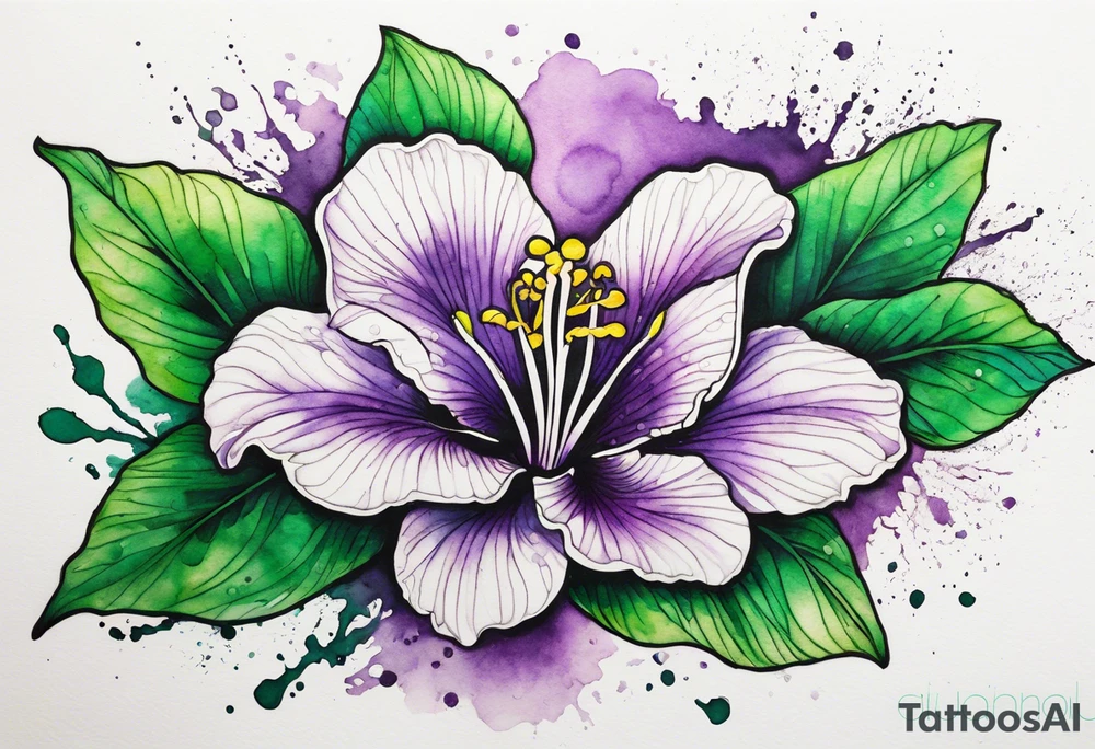 An outline of an only green rio dipladenia flower and a green/purple watercolor splash in the background tattoo idea