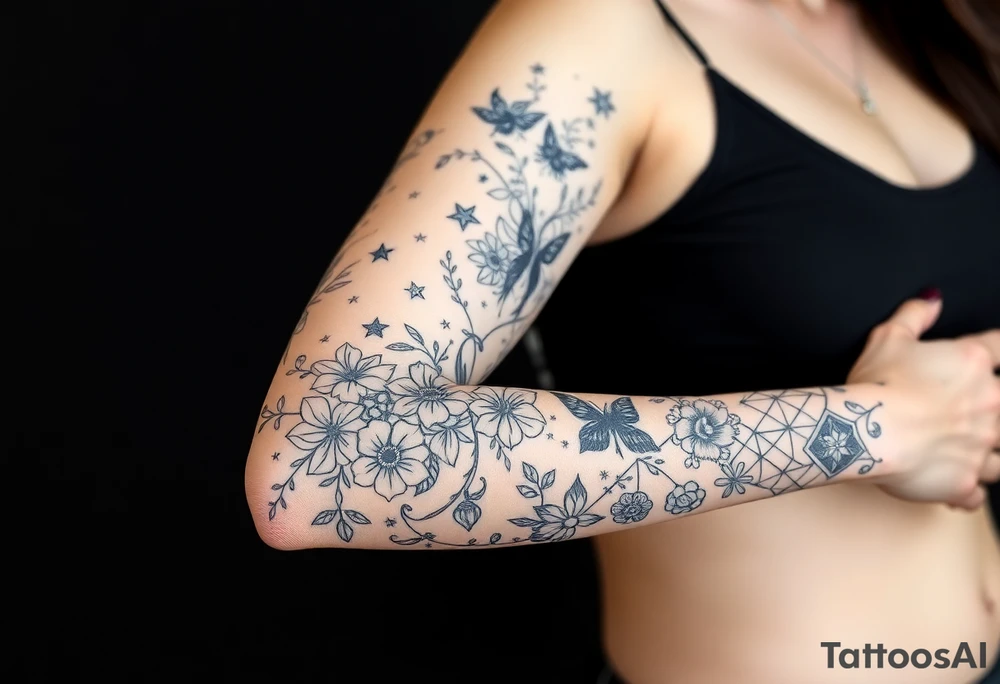 Magical mythical animal sleeve with fairies and flowers, including some geometric aspects tattoo idea