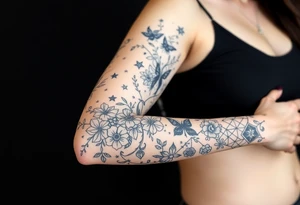 Magical mythical animal sleeve with fairies and flowers, including some geometric aspects tattoo idea