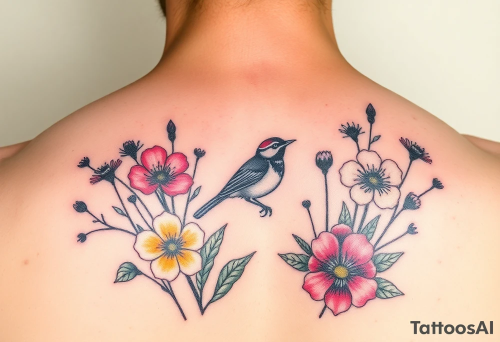 Colorful Irish wildflowers with a wren tattoo idea