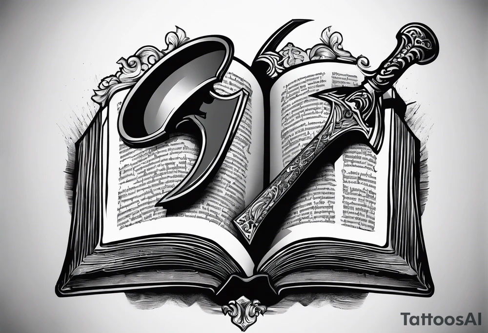 An opened bible with a battle Axe tattoo idea