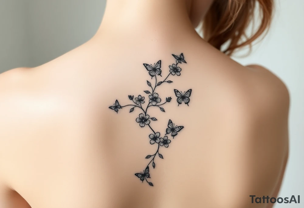 Flower vine all the way down back with butterflies tattoo idea