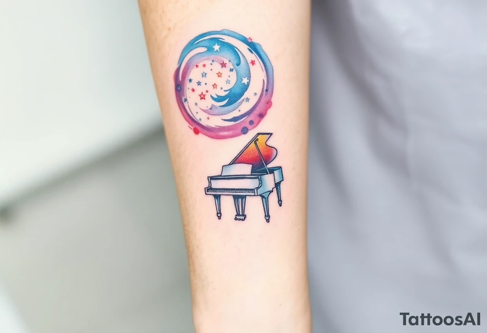 a grand piano under a swirl of stars tattoo idea