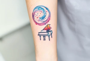 a grand piano under a swirl of stars tattoo idea