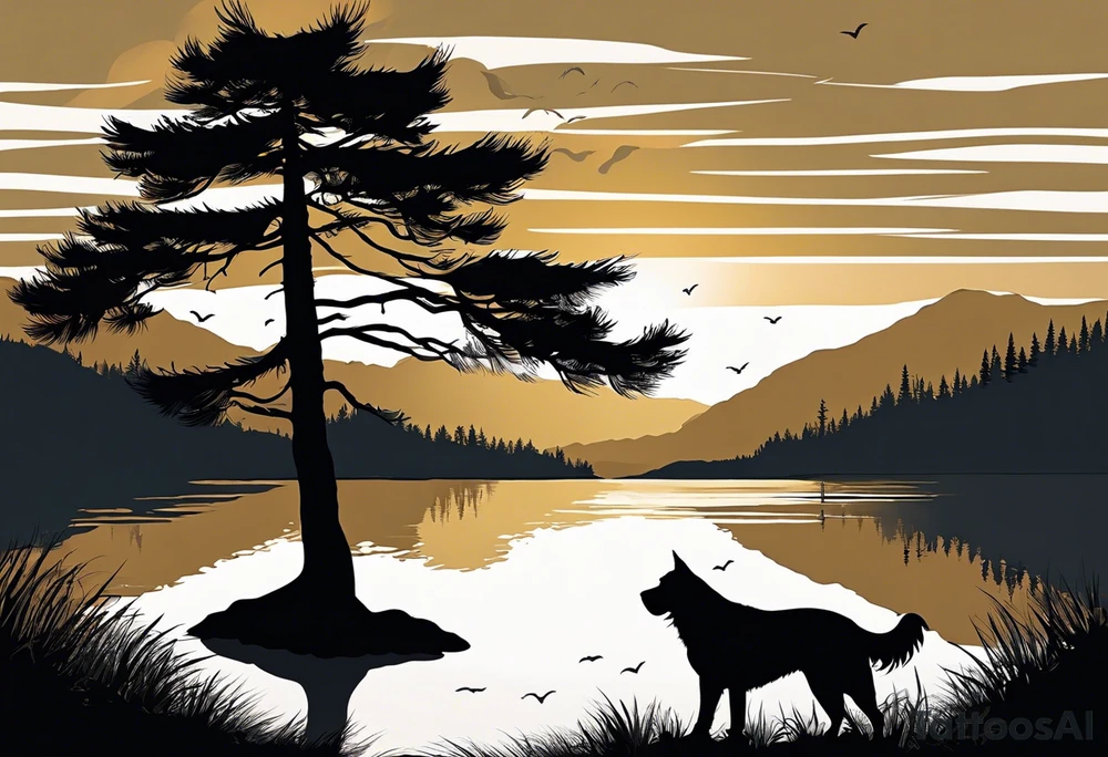 Sleeve tattoo windswept pine tree before lake with low hills on far side of lake. Mastiff silhouette in the foreground. with a dock coming out from the shore. Canadian shield. 
Include the words: "If the sun refused to shine
I would still be loving you
When mountains crumble to the sea
There will still be you and me" tattoo idea