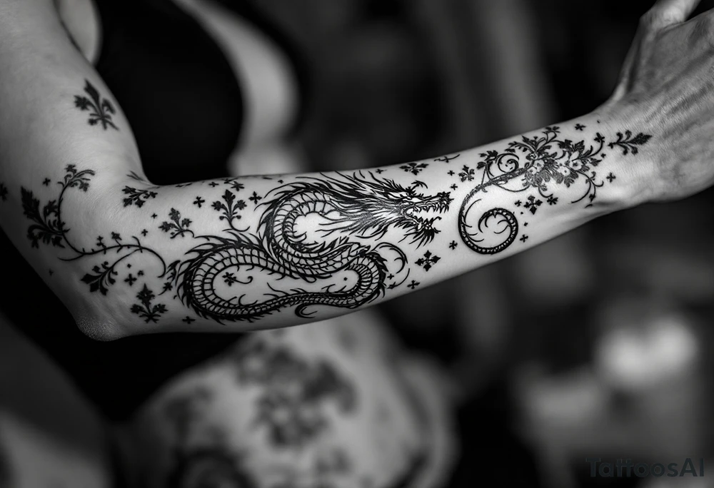 un dragon central entouré de fleurs de lys tattoo idea