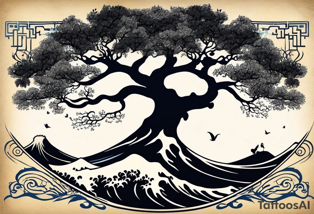 an abstract Tree of Life tattoo. It should have roots growing out of the bottom. The roots slowly turn into water from the Great Wave by Hokusai. A golf flag should be placed discreetly growing out of the ground. 2 license plate tags should be hanging from the tree. Place a few music notes in the areas the leaves should be. The letters A U should be engraving into the tree trunk in a heart. Black and white only. tattoo idea
