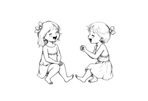 Zwei lachende kleine mädchen sitzen sich gegenüber eine hat einen Dutt die andere einen Zopf und sie berühren sich an den Fußsohlen tattoo idea