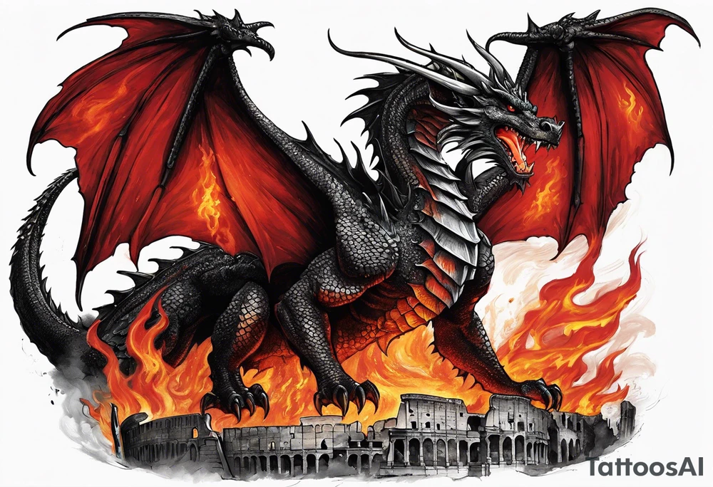 A majestic black and red dragon with shimmer golden scales standing in the burning ruins of a crumbling colosseum with flames and ash around his feet. This dragon depicts power, danger, and awe billowing flames from his mouth into the sky with wings outstretched. tattoo idea