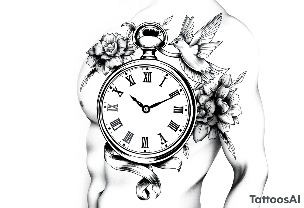 Pocket watch , surrounded by floral ornaments and dove, ribbon tattoo idea