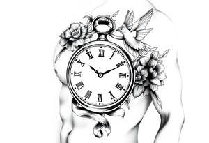 Pocket watch , surrounded by floral ornaments and dove, ribbon tattoo idea
